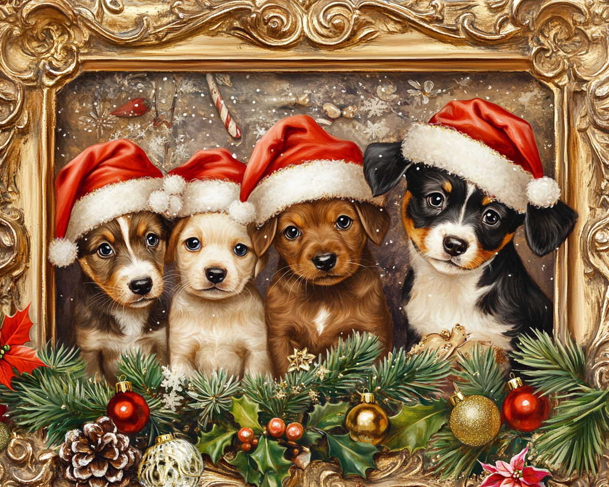 Four Christmas Hat Puppies Diamond Art Kit