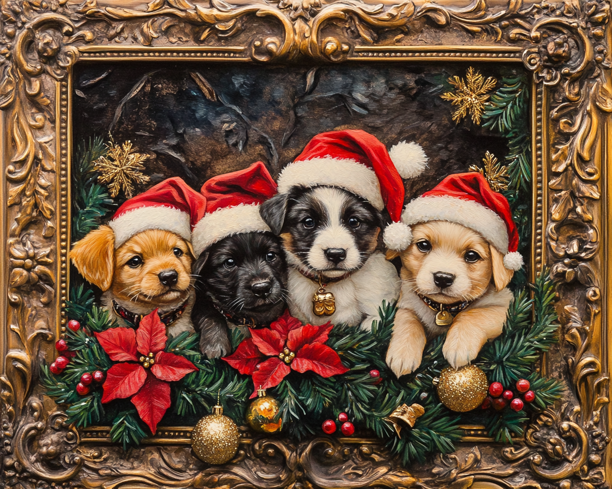 Four Framed Christmas Puppies Diamond Art Kit