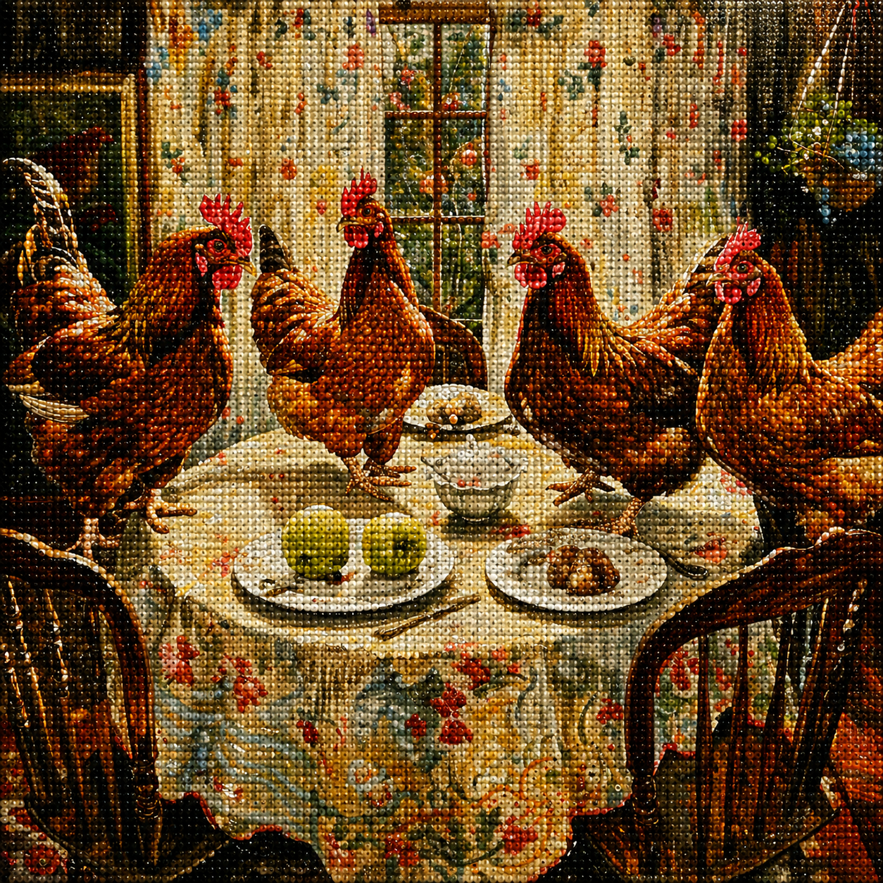 Four Kitchen Table Roosters Diamond Art Kit