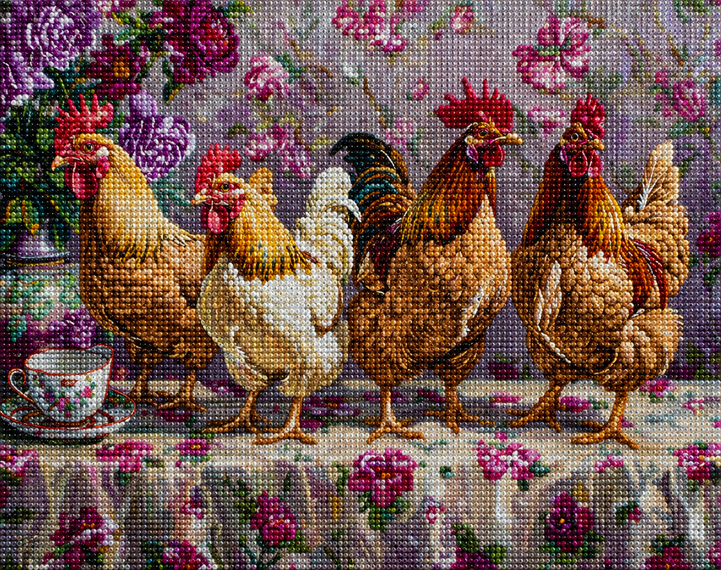 Four Roosters On A Table Diamond Art Kit