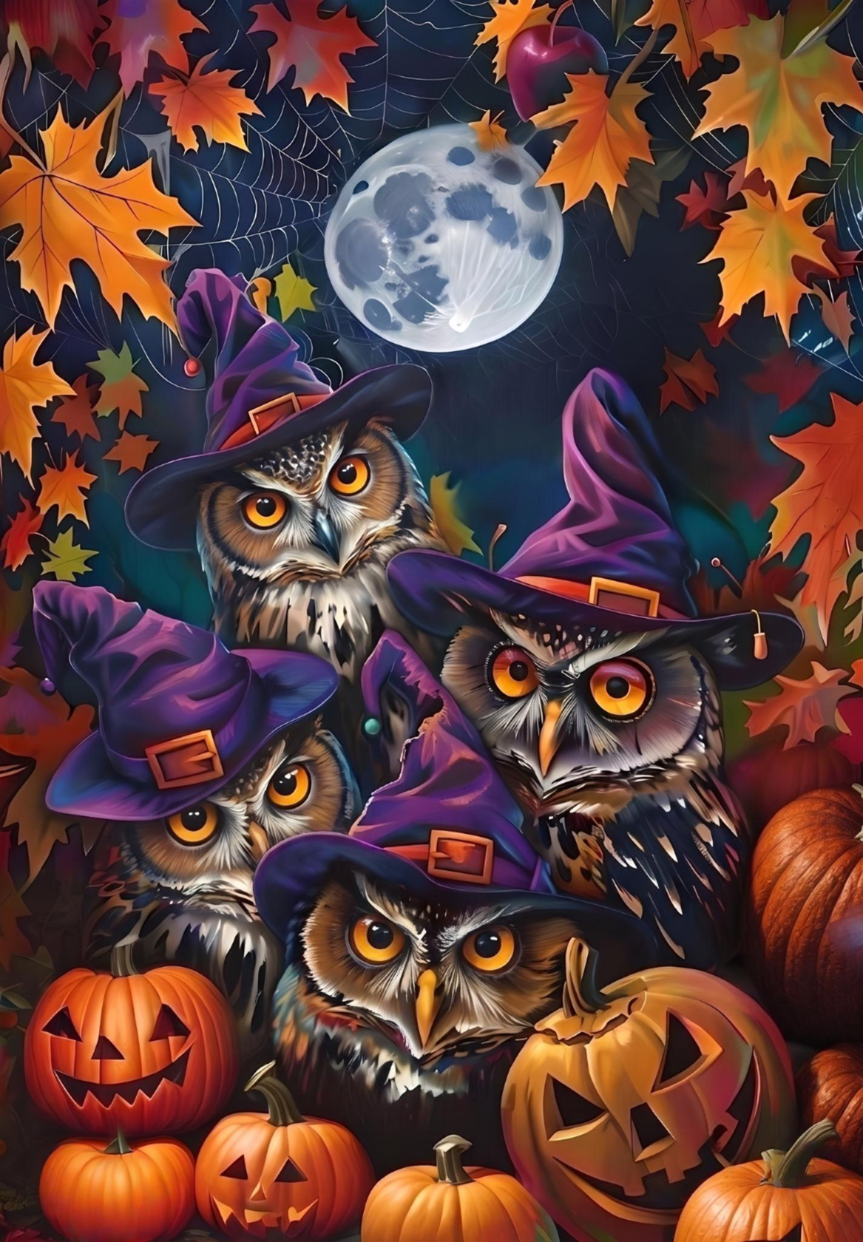 Four Witch Hat Owls Diamond Art Kit
