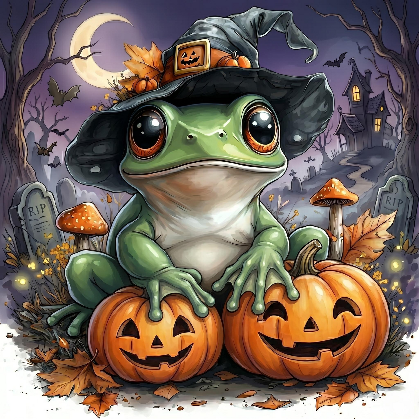 Frog Witch and Pumpkins Diamond Art Kit