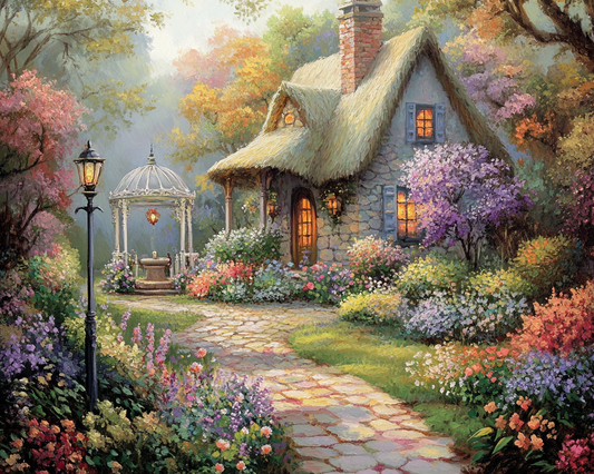 Gazebo Fountain and Thatched Roof Cottage Diamond Art Kit