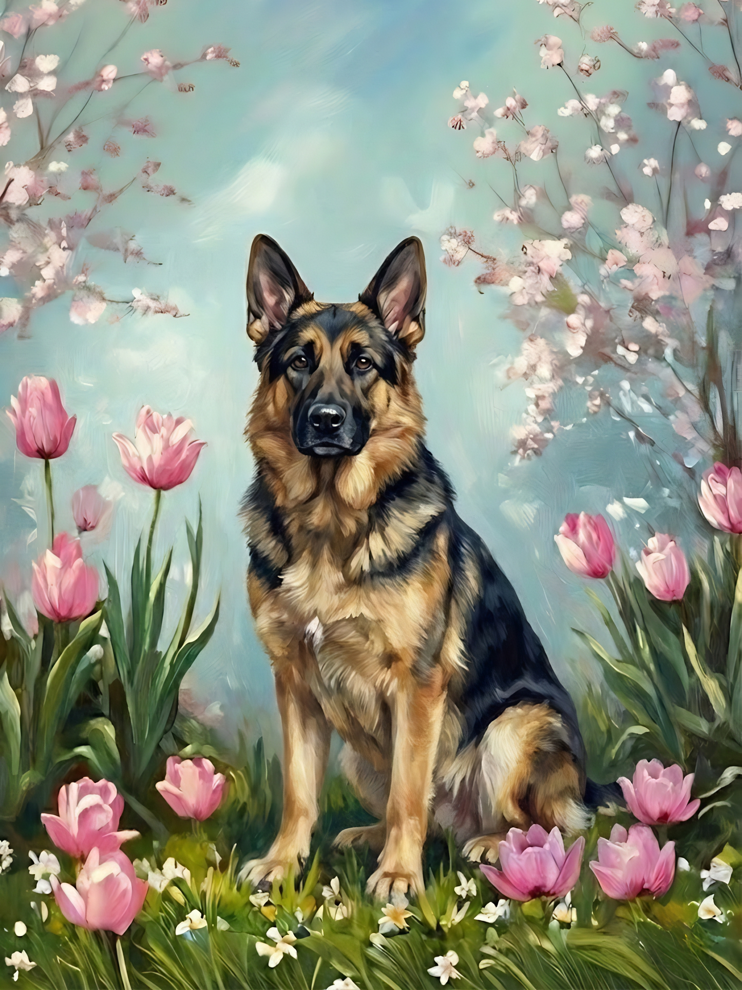 German Shepherd in the Tulips Diamond Art Kit