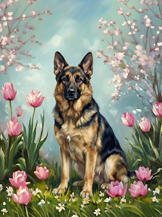 German Shepherd in the Tulips Diamond Art Kit