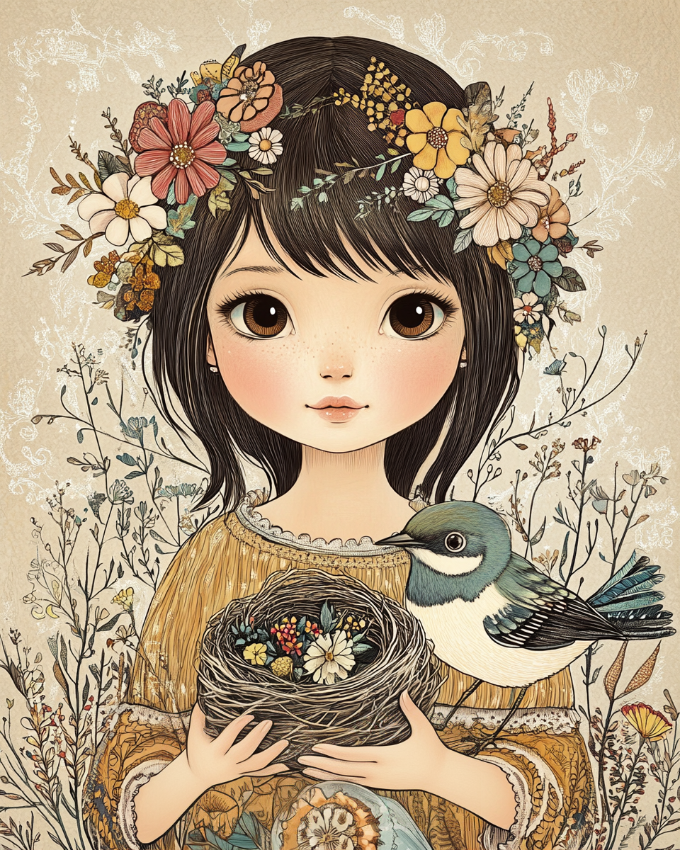 Girl, Nest, and Bird Diamond Art Kit