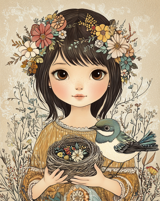 Girl, Nest, and Bird Diamond Art Kit