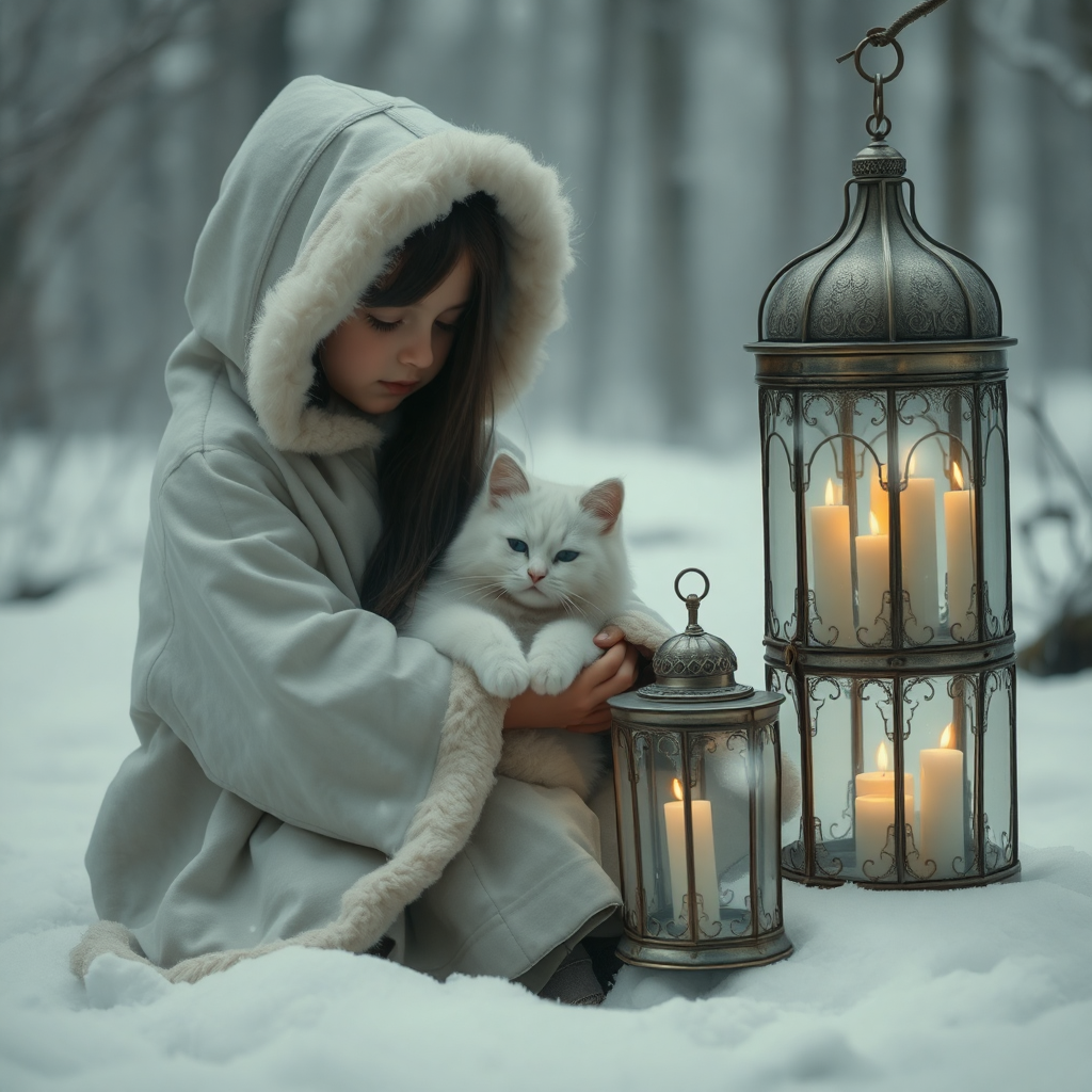 Girl and White Cat in the Snow Diamond Art Kit