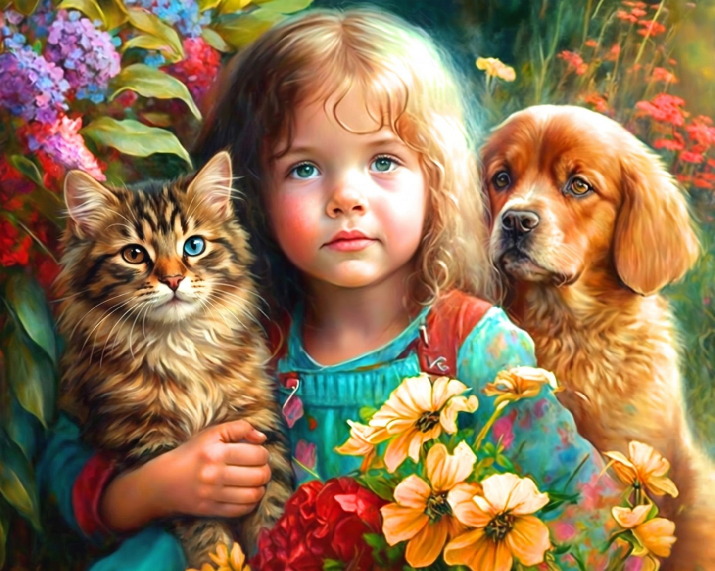 Girl With Puppy And Kitten Diamond Art Kit — diamond art kit canvas