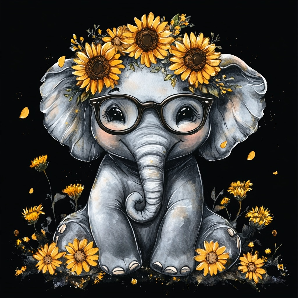 Elephant with Sunglasses in the Sunflowers Diamond Art Kit