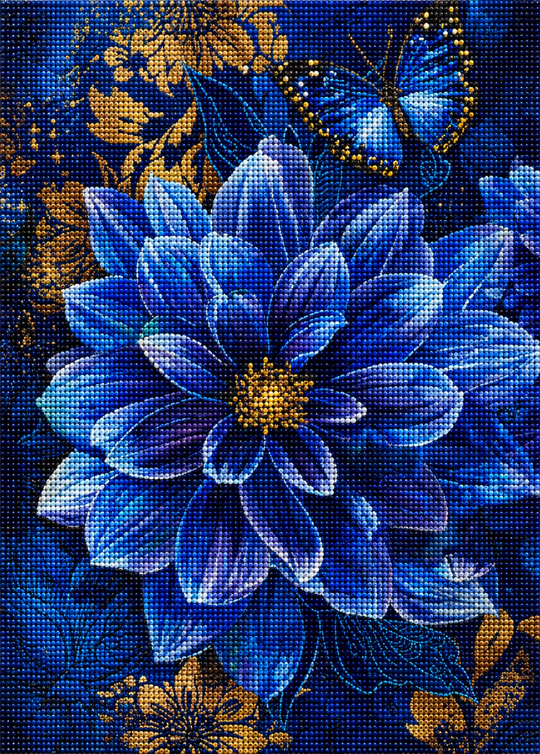 Gold Center Blue Flower Butterfly Diamond Art Kit