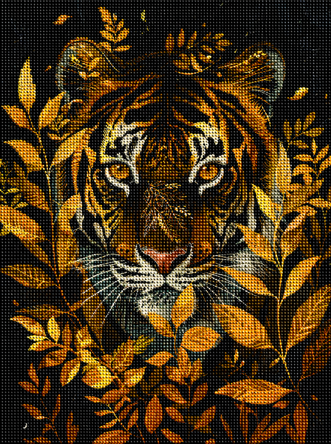 Golden Leaves And Eyes Tiger Diamond Art Kit