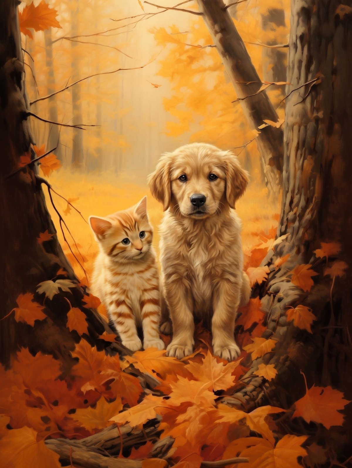 Golden Leaves Puppy and Kitten Diamond Art Kit
