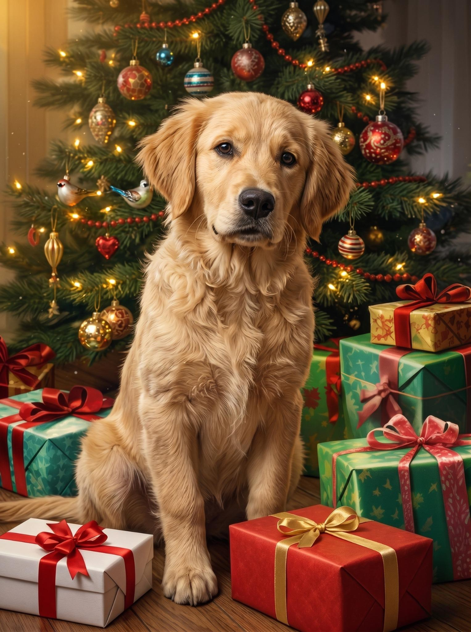 Golden Retriever and Christmas Presents Under the Tree Diamond Art Kit