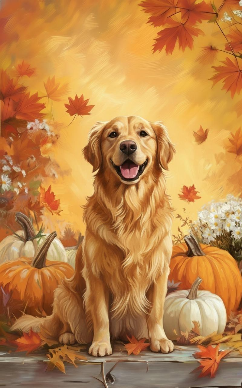 Golden Retriever and Four Pumpkins Diamond Art Kit