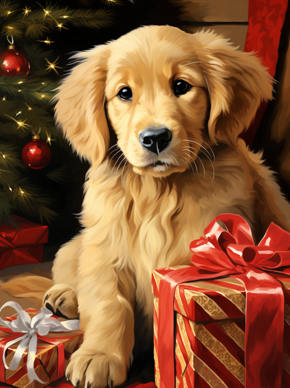 Gold and Red Present Puppy Diamond Art Kit