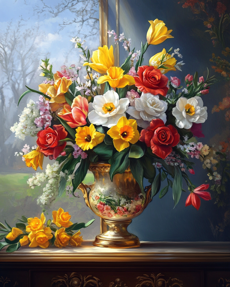 Gold Vase Tulips and Daffodils Diamond Art Kit