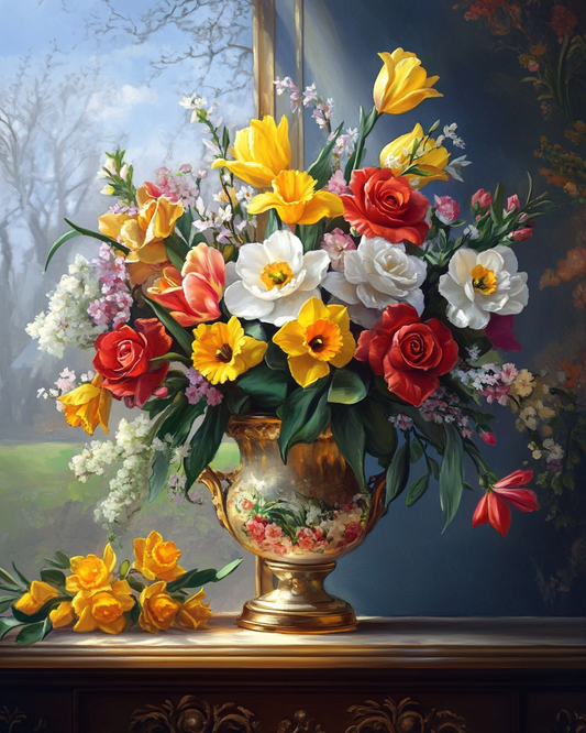 Gold Vase Tulips and Daffodils Diamond Art Kit