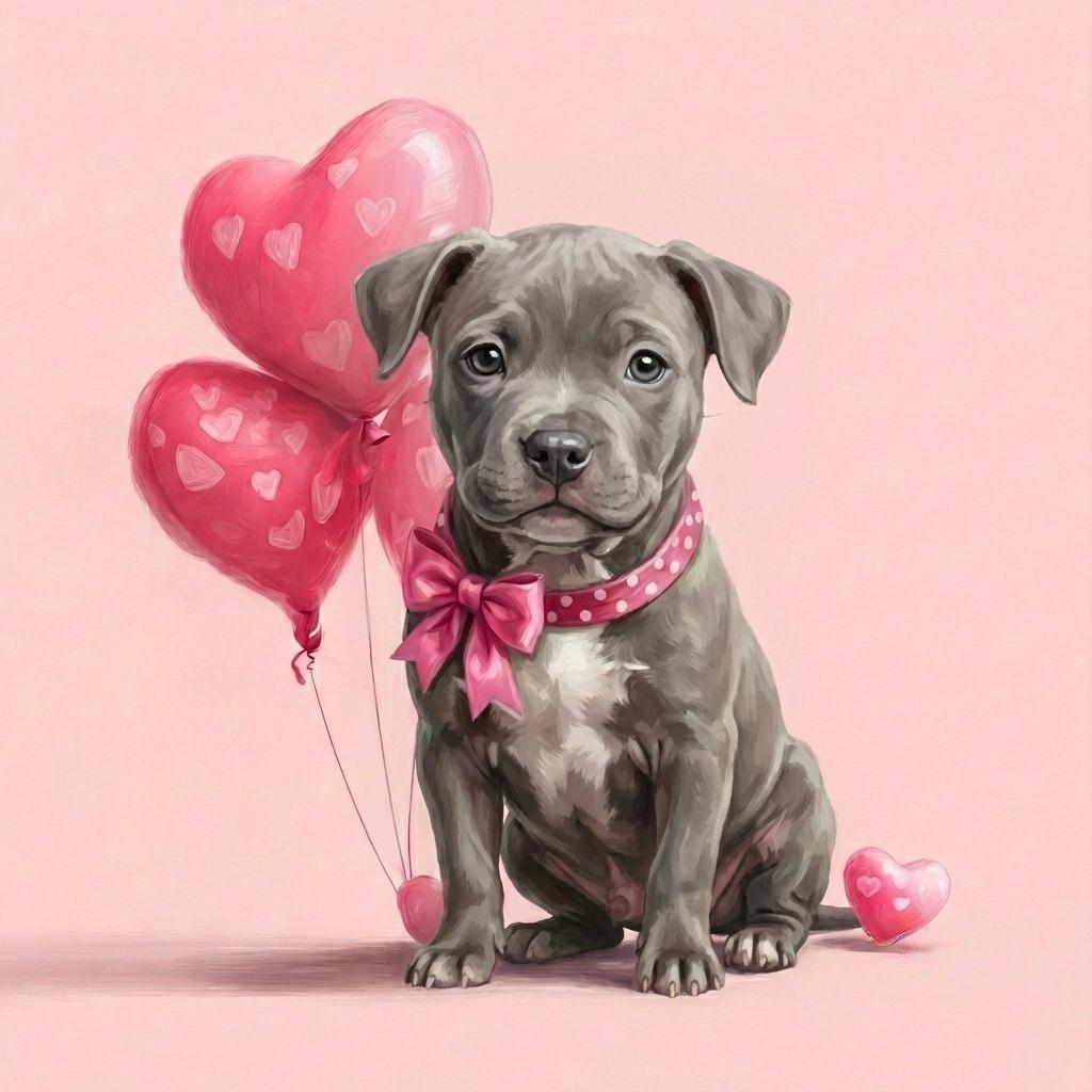 Gray Pitbull Terrier Puppy and Heart Balloons Diamond Art Kit