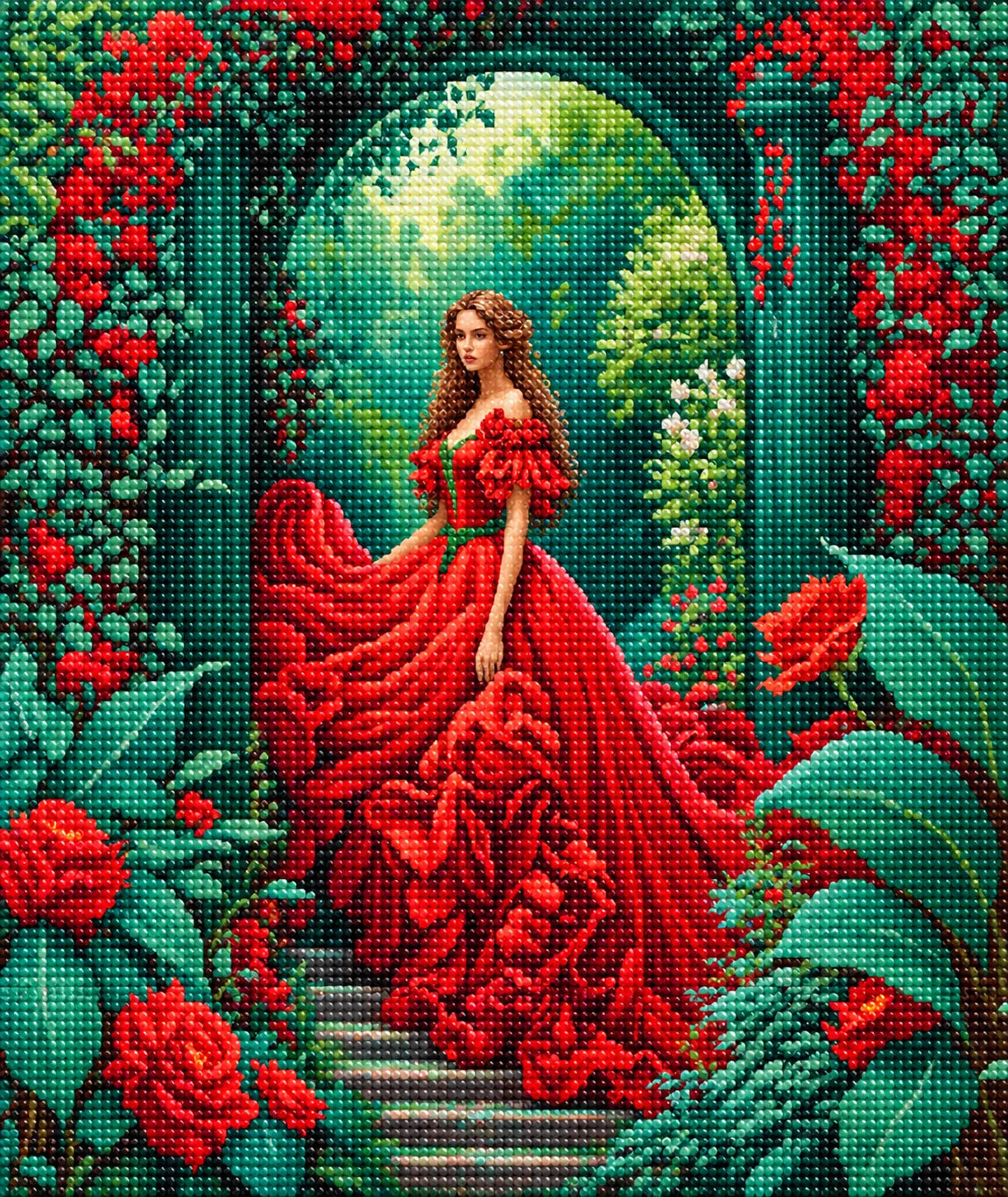 Green Archway Red Dress Woman Diamond Art Kit