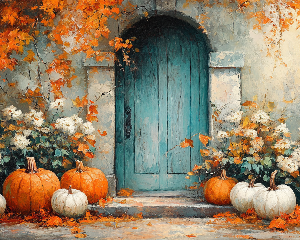 Green Door With Pumpkins Diamond Art Kit
