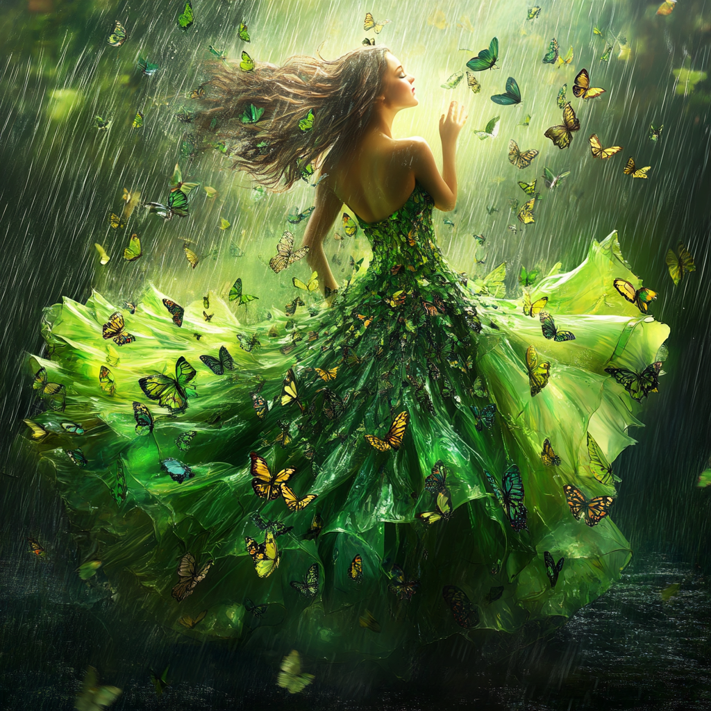 Green Dress of Butterflies Girl in the Sunlight Diamond Art Kit