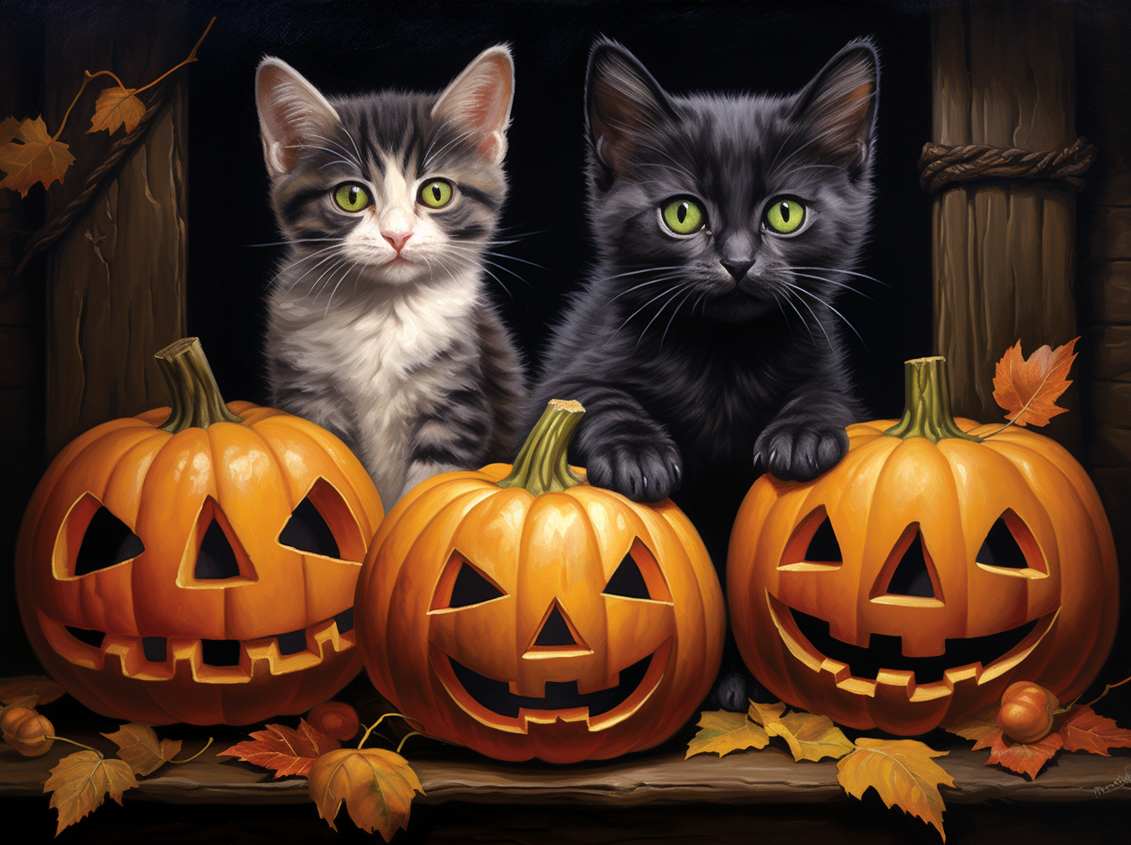 Green Eye Kittens and Pumpkins Diamond Art Kit