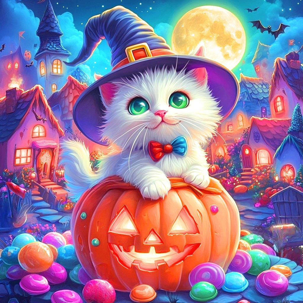 Green Eye White Witch Kitten Diamond Art Kit