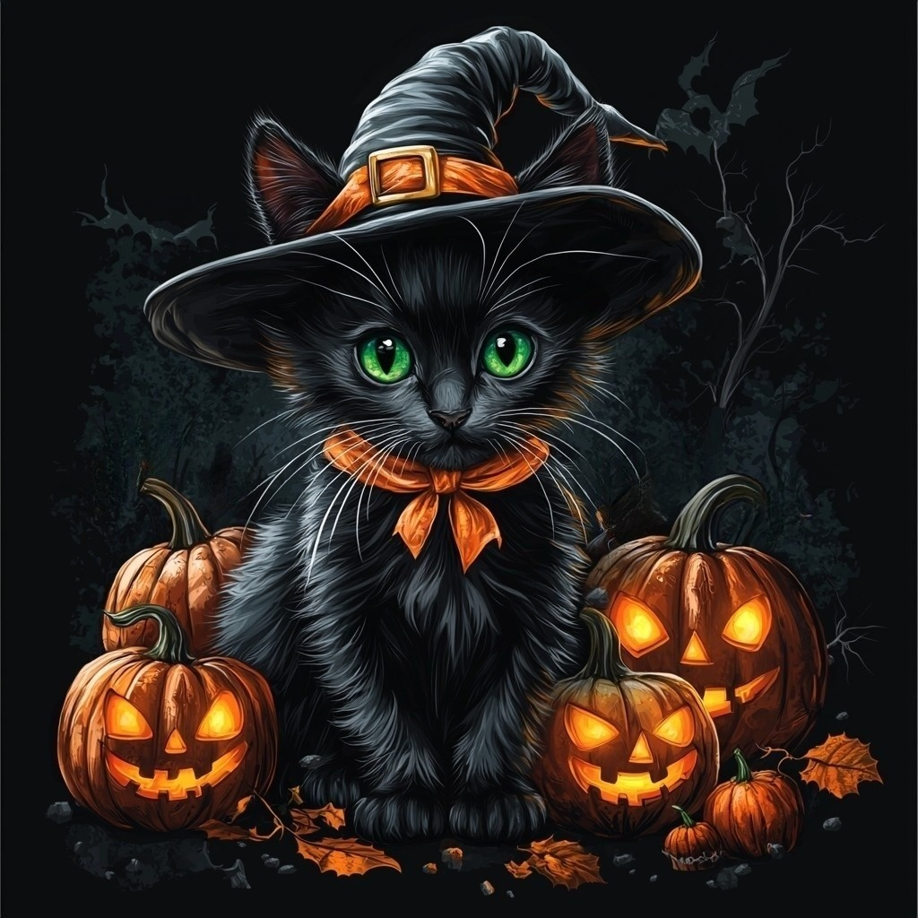 Green Eye Witch Black Kitten Diamond Art Kit