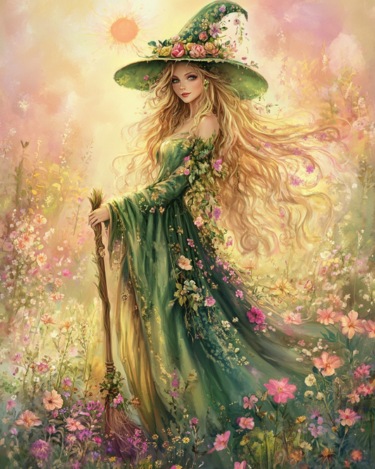 Green Hat Witch and Broom Diamond Art Kit