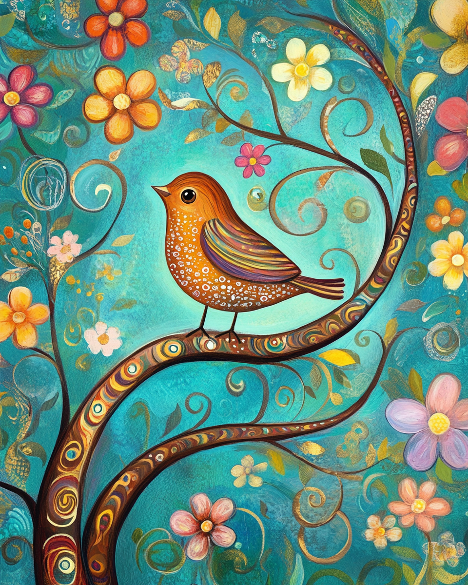 Green Sky Abstract Bird in a Tree Diamond Art Kit