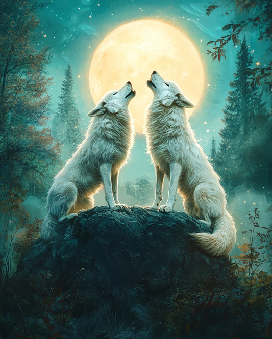 Green Sky Wolves Howling Diamond Art Kit