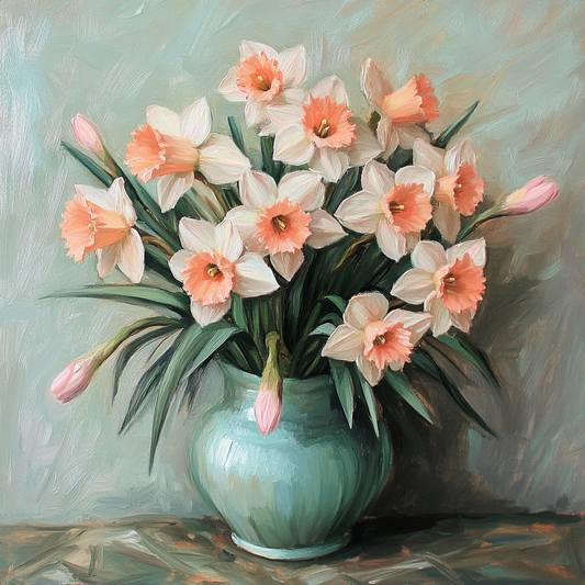 Green Vase of Pink Daffodils Diamond Art Kit