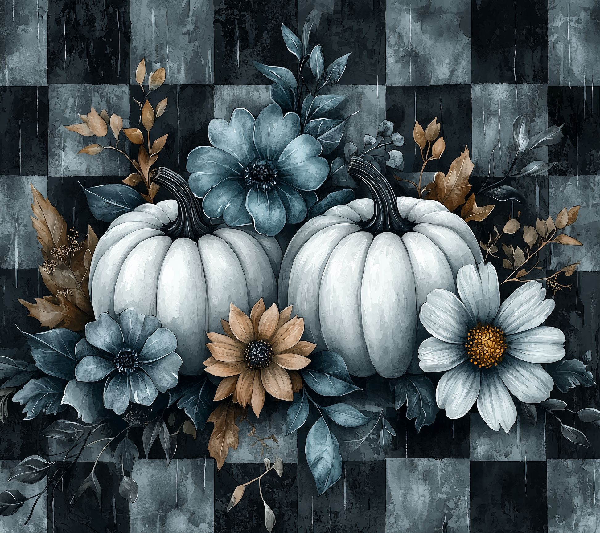 Grey Flowers and White Pumpkins Diamond Art Kit