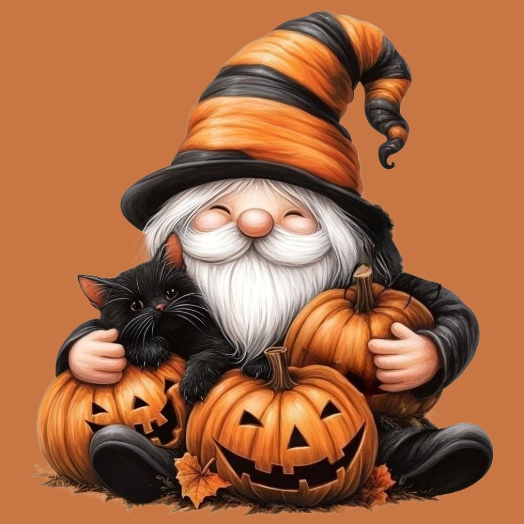 Halloween Gnome and Black Kitten Diamond Art Kit