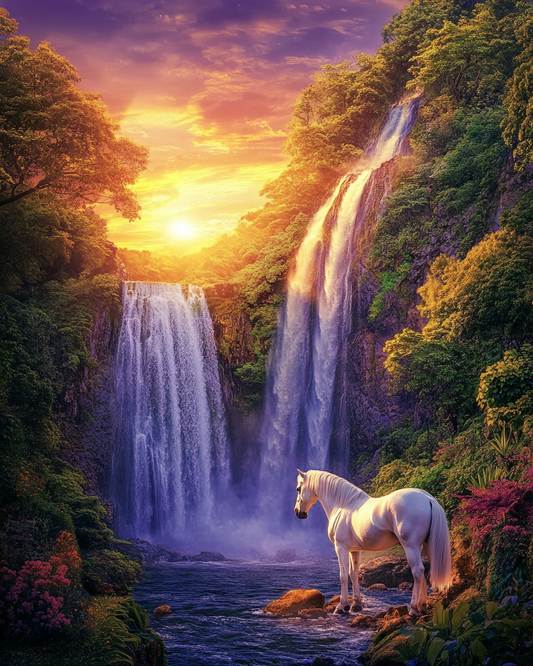 Horse and Waterfall at Sunset Diamond Art Kit