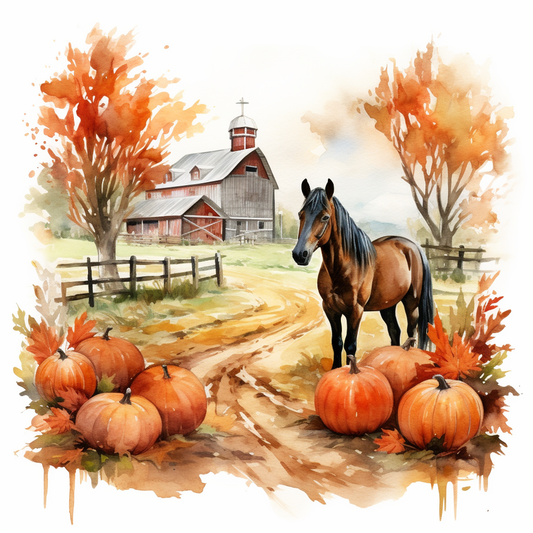 Horse and Fall Pumpkin Farm Diamond Art Kit