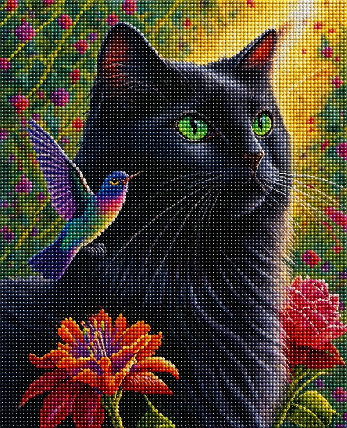 Hummingbird And Black Cat Diamond Art Kit
