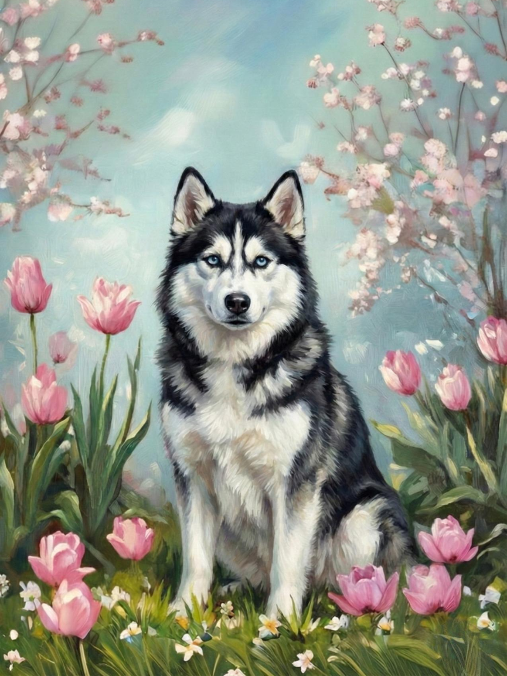 Husky in the Tulips Diamond Art Kit