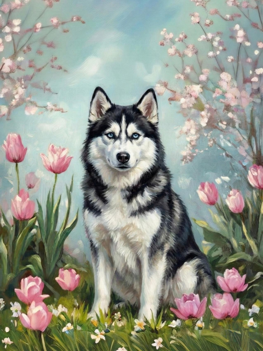 Husky in the Tulips Diamond Art Kit