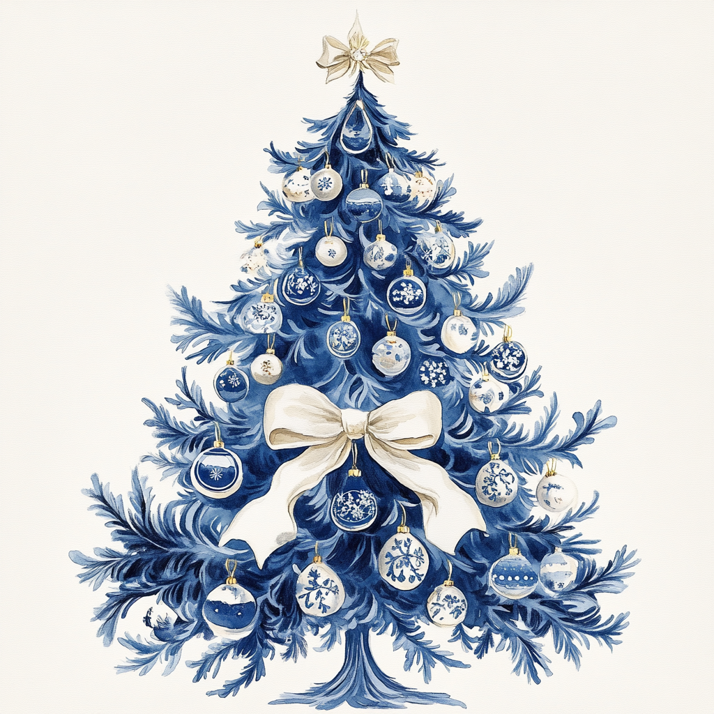 Ivory Bow Blue Christmas Tree Diamond Art Kit