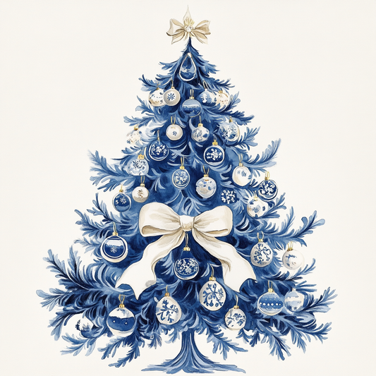 Ivory Bow Blue Christmas Tree Diamond Art Kit
