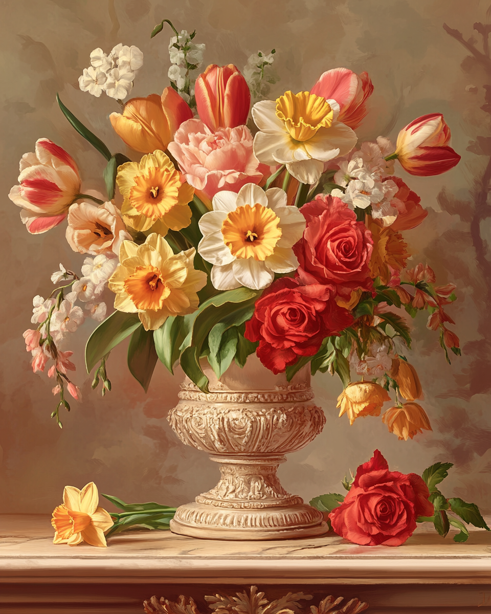 Ivory Urn of Tulips and Roses Diamond Art Kit
