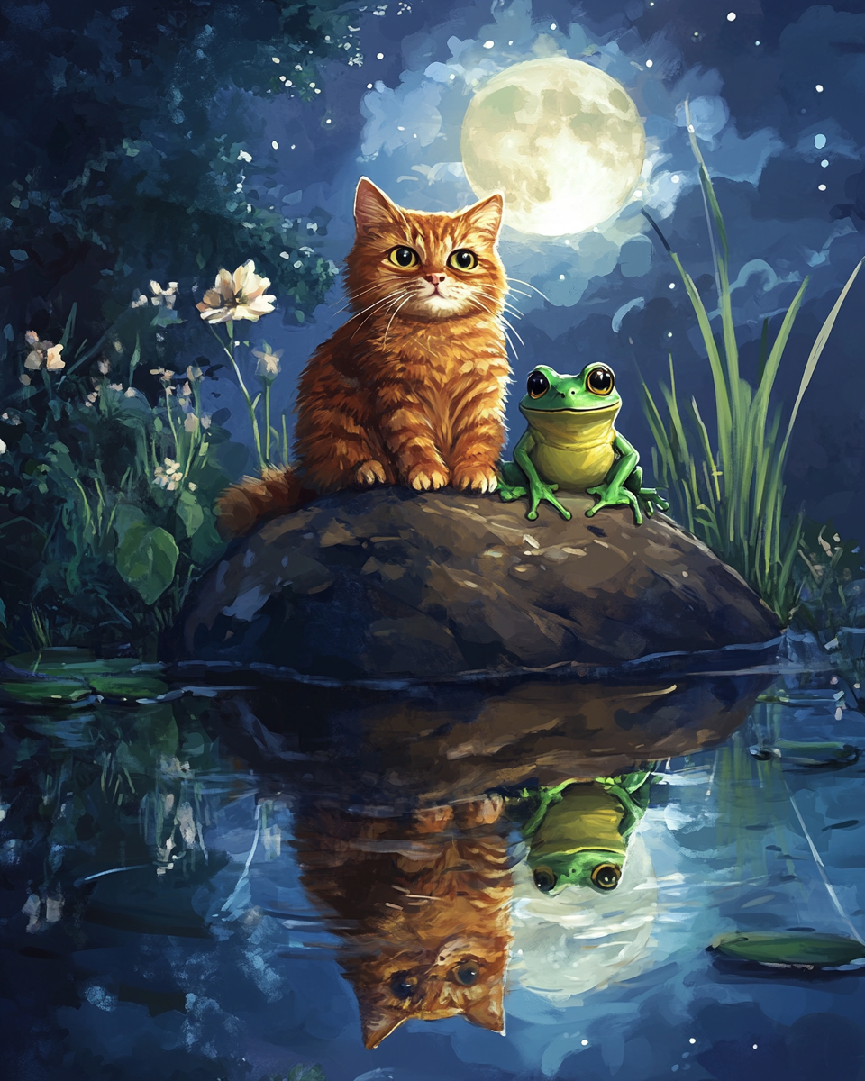 Kitten and Frog on a Moonlit Rock Diamond Art Kit