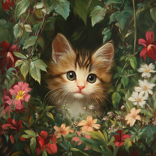 Kitten in Leaves and Flowers Diamond Art Kit
