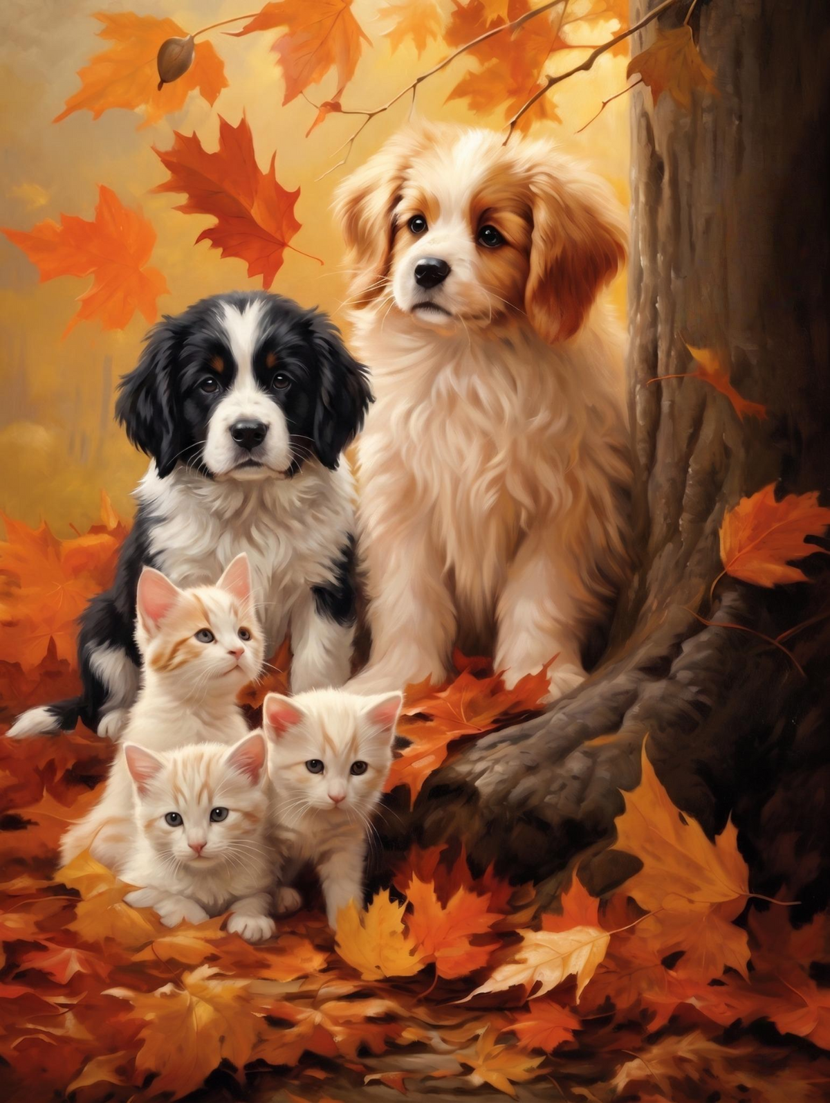 Puppies and Kittens Under a Fall Tree Diamond Art Kit