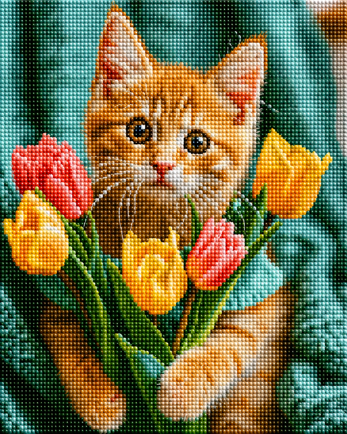 Kitten With Tulips Diamond Art Kit