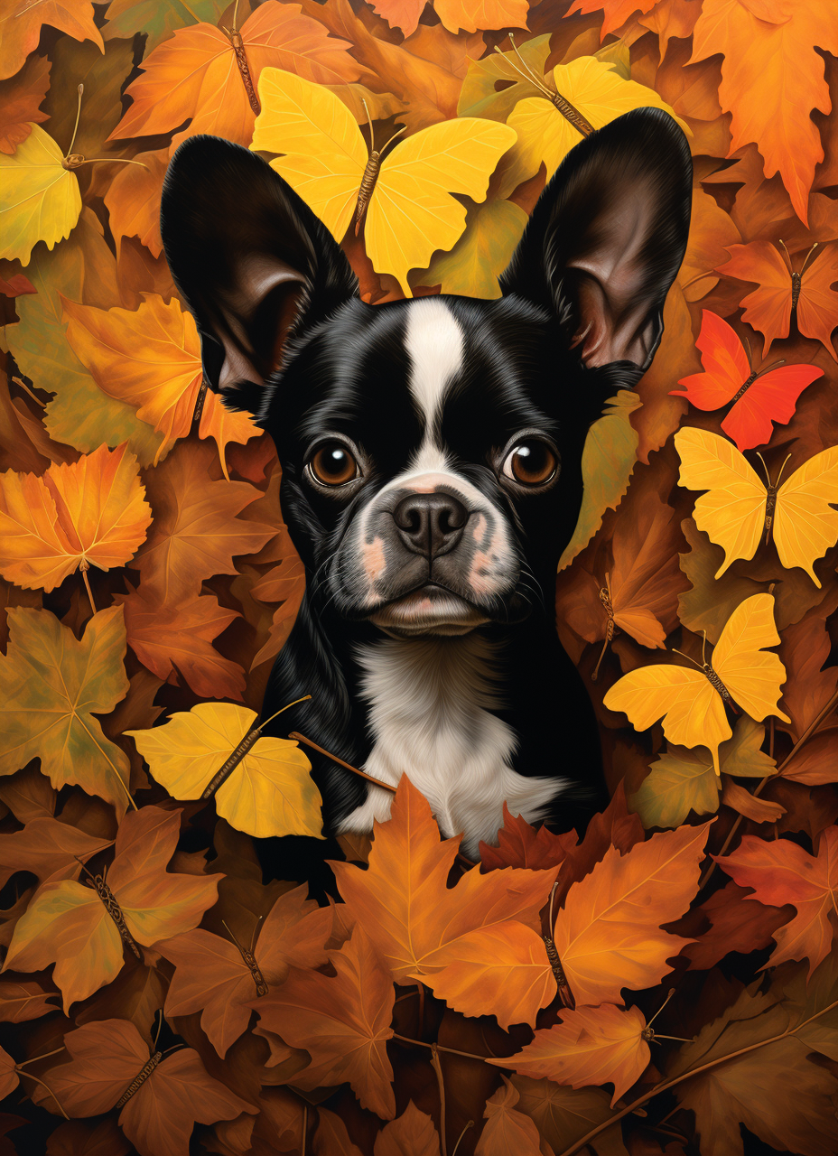 Leaves and Butterflies Black and White Boston Terrier Diamond Art Kit
