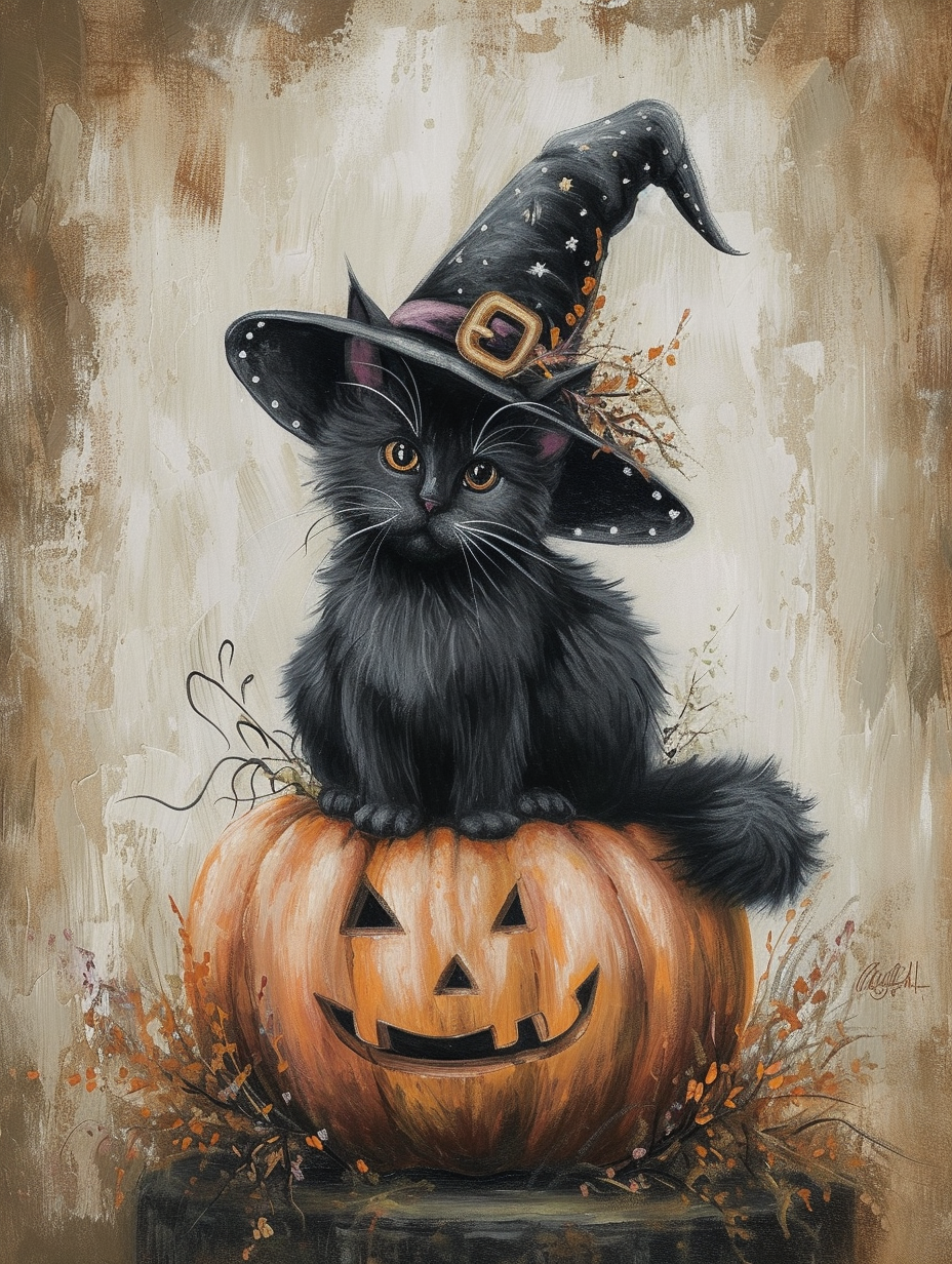 Little Witch Cat and Pumpkin Diamond Art Kit