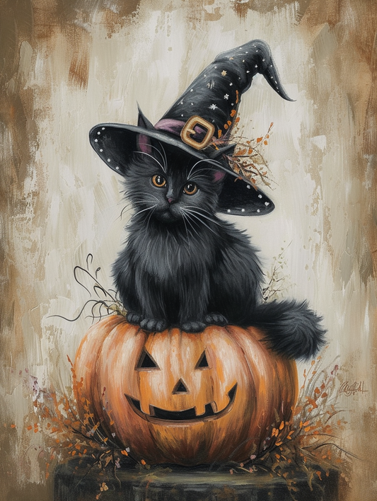 Little Witch Cat and Pumpkin Diamond Art Kit